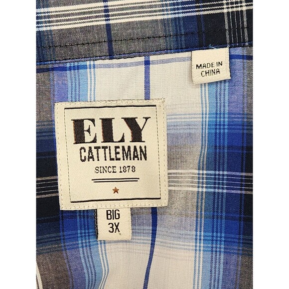 Ely Cattleman Pearl Snap Shirt Men 3XB Blue Plaid Long Sleeve Western Big & Tall - Picture 4 of 6